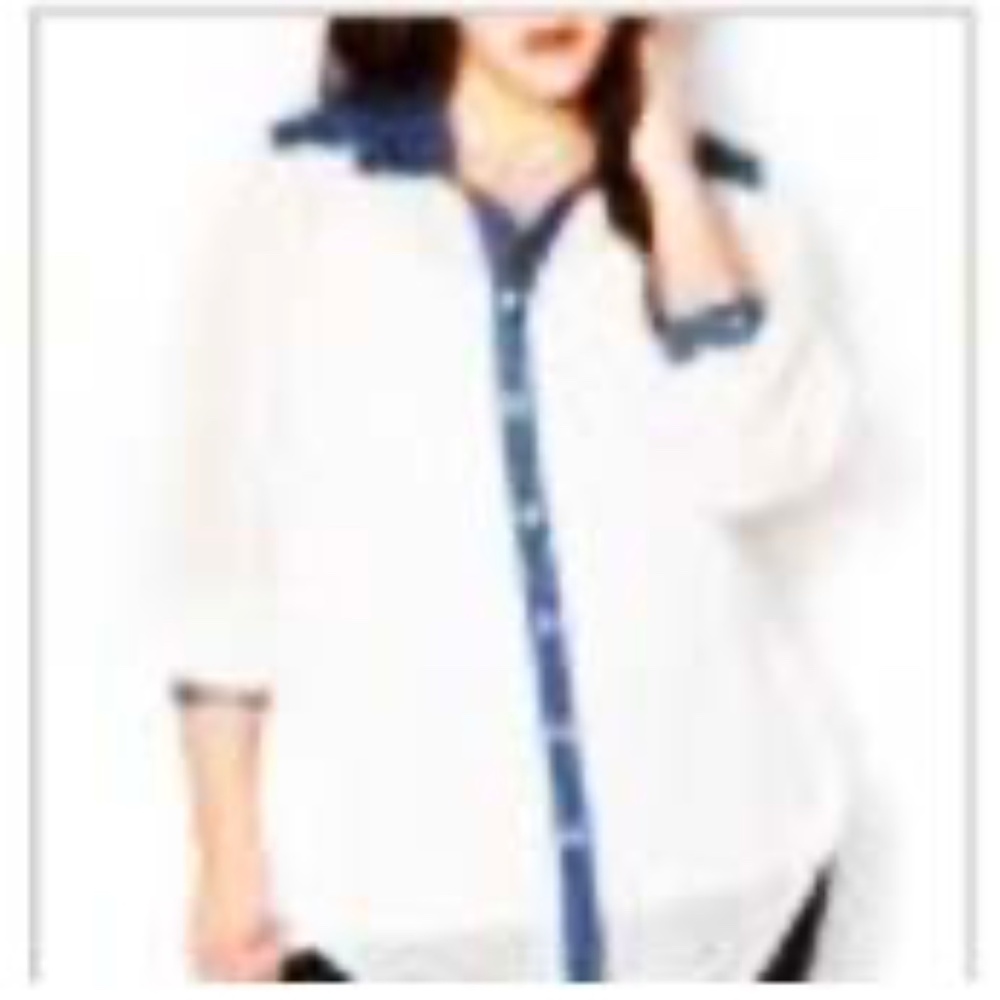 CHIFFON BLOUSE, OFF WHITE WITH BLUE TRIM, SIZE 4X, BLUE DENIM TRIM, ¾ SLEEVES,